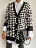 Damen Strickjacke Mit Karomuster Und V-Ausschnitt