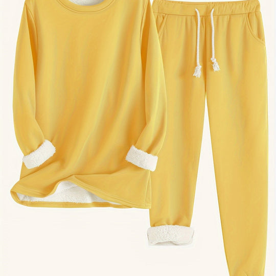 Zweiteiliges Fleece-Set mit Rundhalsausschnitt und Hose für Damen