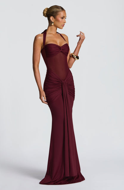 Ärmelloses gerafftes Jersey-Mesh-Maxikleid