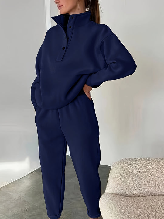 Zweiteiliges Sweatshirt-Set mit Stehkragen und Knopfleiste für Damen