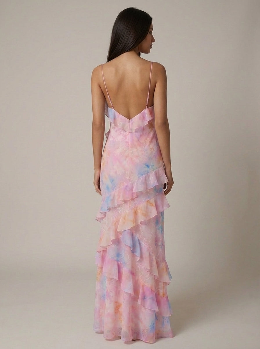 Florales Rüschen-Maxikleid in Gelb und Pink