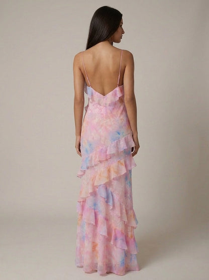 Florales Rüschen-Maxikleid in Gelb und Pink