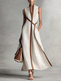 Ärmelloses Damenkleid mit Stehkragen aus Baumwoll-Leinen, Freizeitkleid