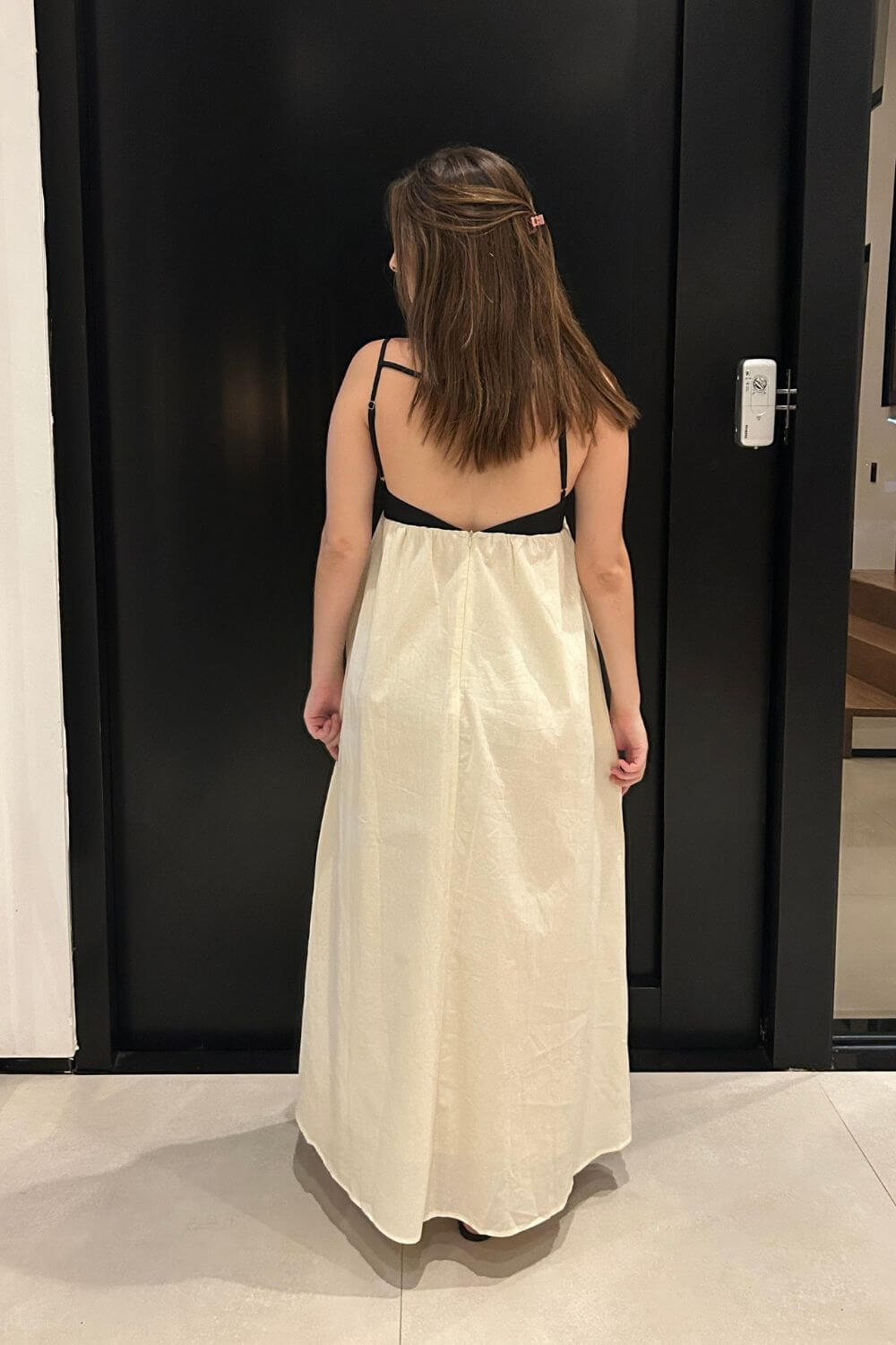 Midikleid aus Leinen-Baumwoll-Mischung für Damen, Schwarz und Weiß
