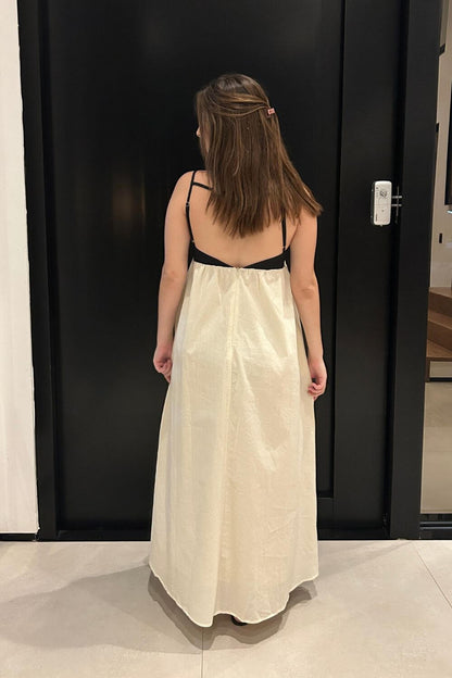 Midikleid aus Leinen-Baumwoll-Mischung für Damen, Schwarz und Weiß