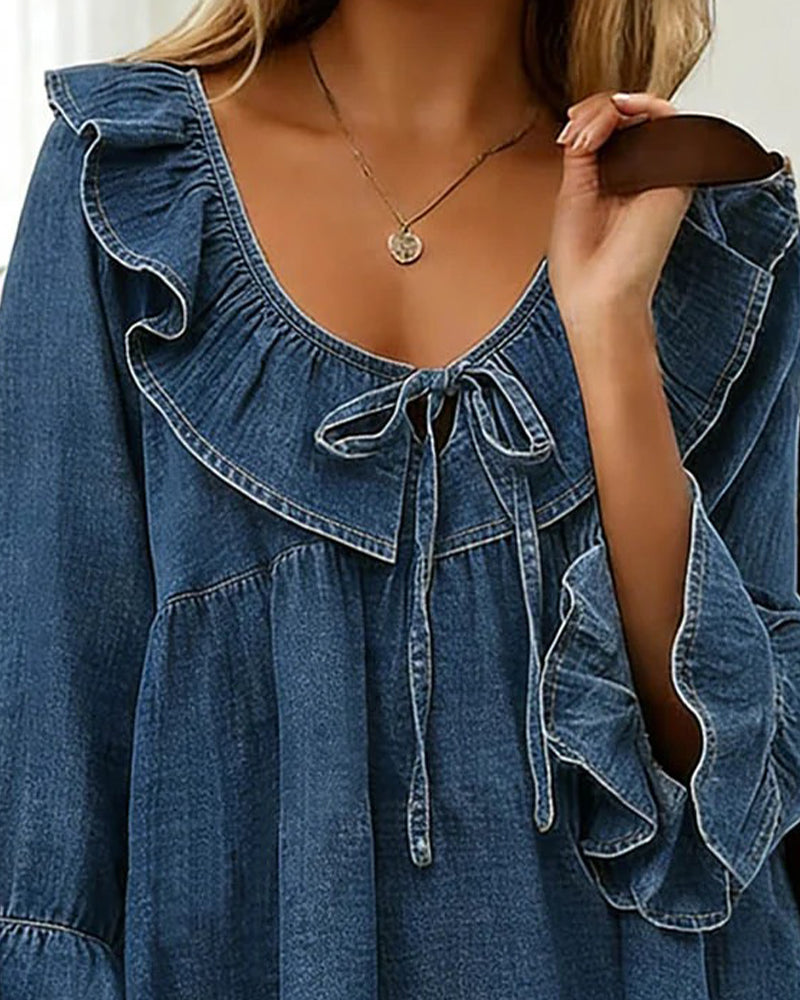 Bluse in luftiger Denim-Optik mit Rüschen-Details Blau