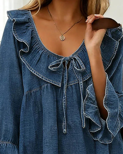Bluse in luftiger Denim-Optik mit Rüschen-Details Blau