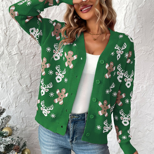 Weihnachtsstrickjacke mit Rentier- und Schneeflockenmuster für Damen