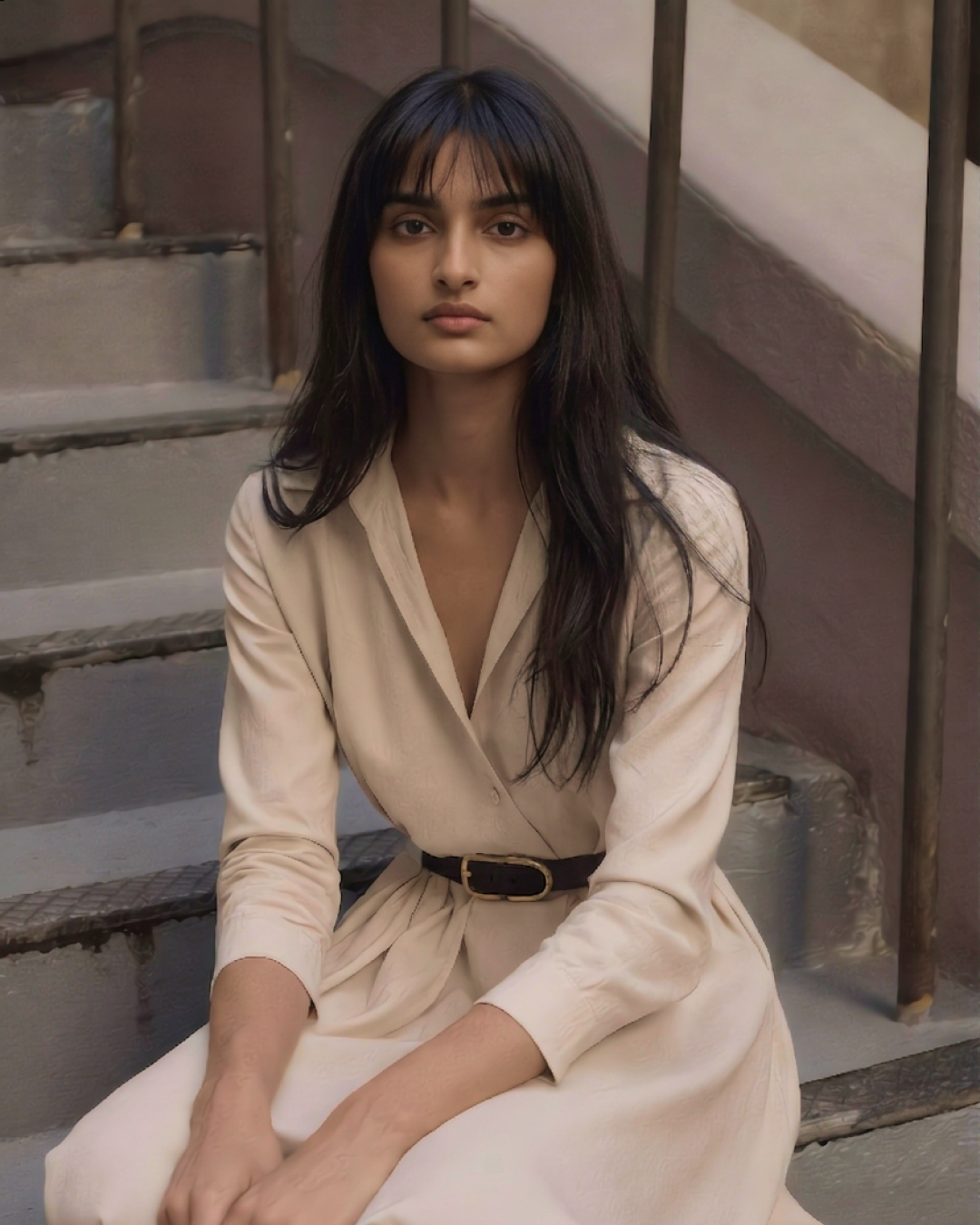 Midi-Kleid aus Baumwollmischung in Beige