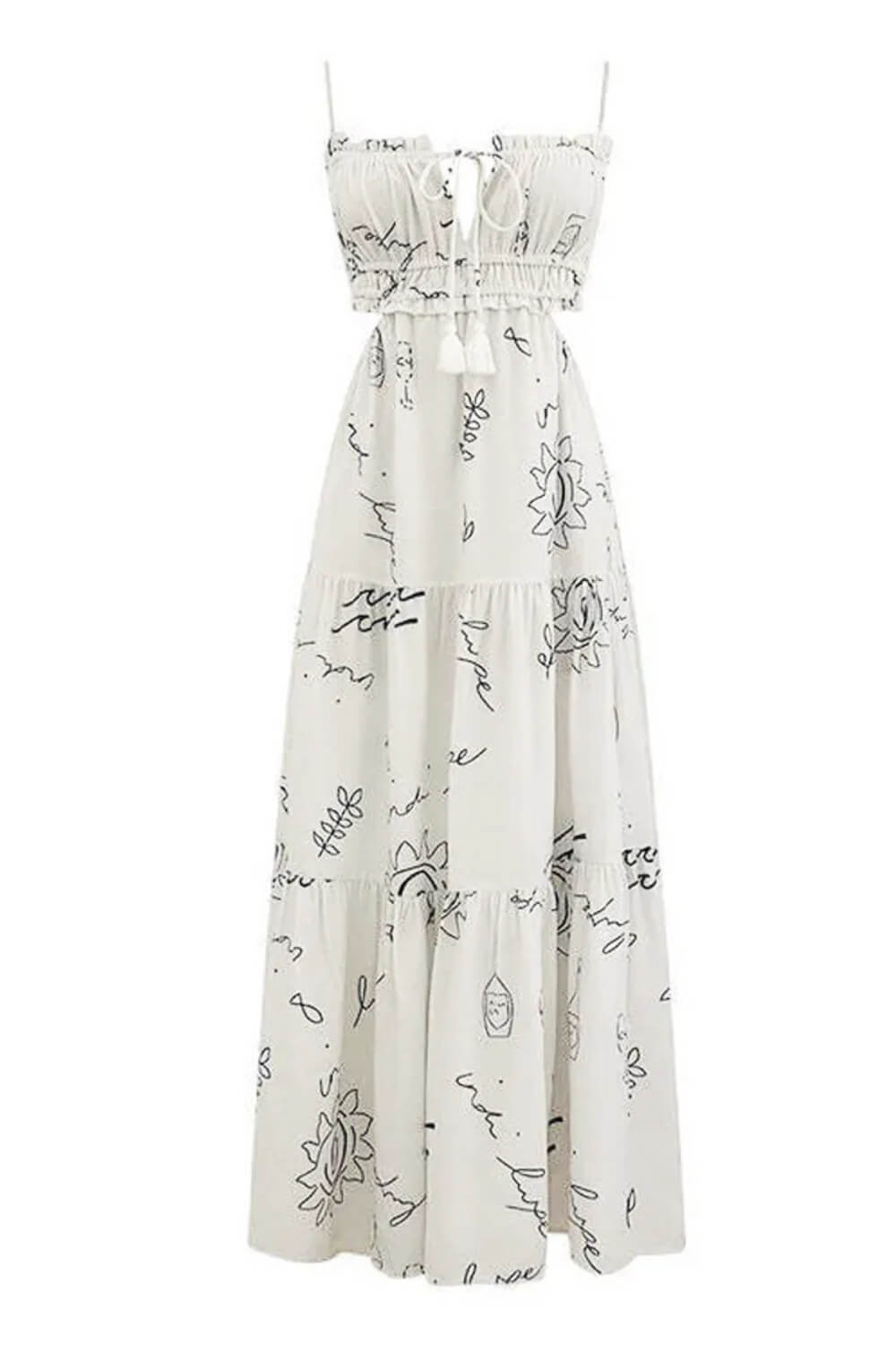 Bedrucktes Midikleid mit Spaghetti-Trägern Weiß