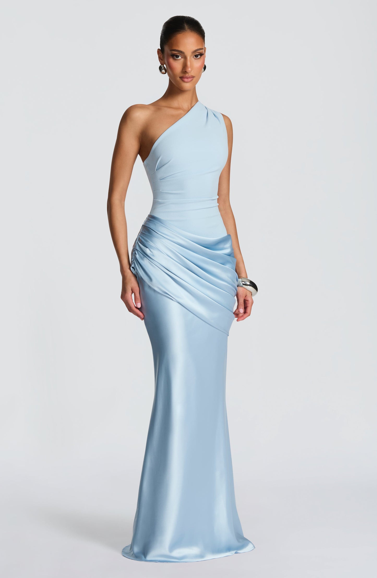 Ein-Schulter Crepe Satin Maxikleid Damen