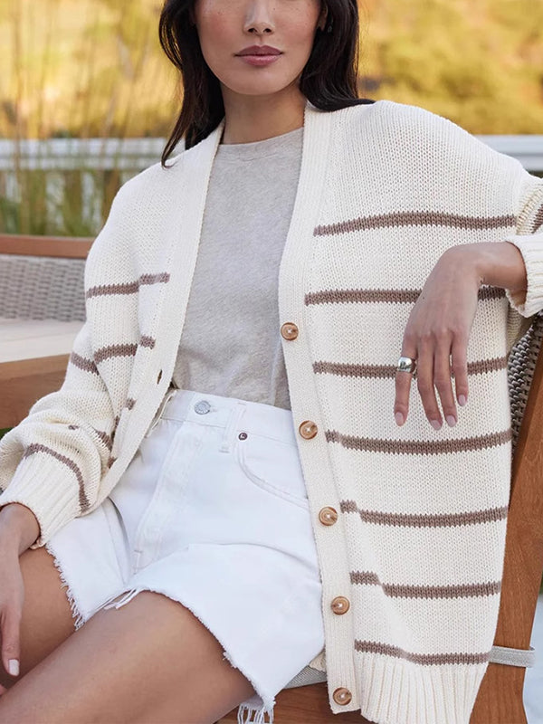 Damen Gestreifter Cardigan Mit V-Ausschnitt Und Knopfleiste