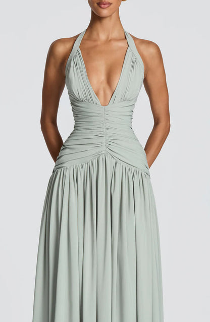 Fließendes Ärmelloses Maxikleid Marineblau Salbei Gelb