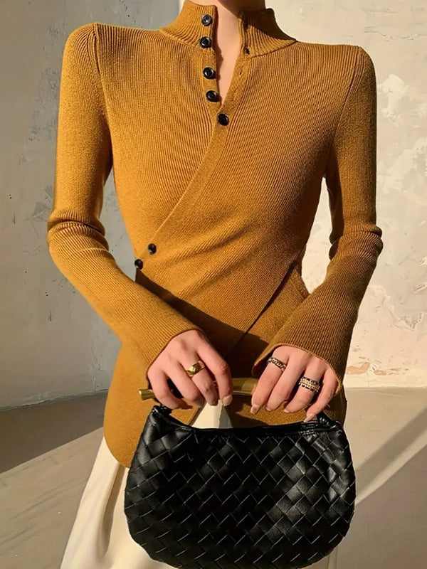 Damen Asymmetrischer Strickpullover Mit V-Ausschnitt Und Knopfleiste