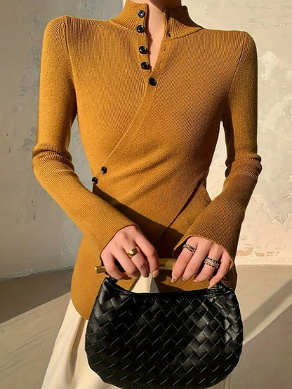 Damen Asymmetrischer Strickpullover Mit V-Ausschnitt Und Knopfleiste