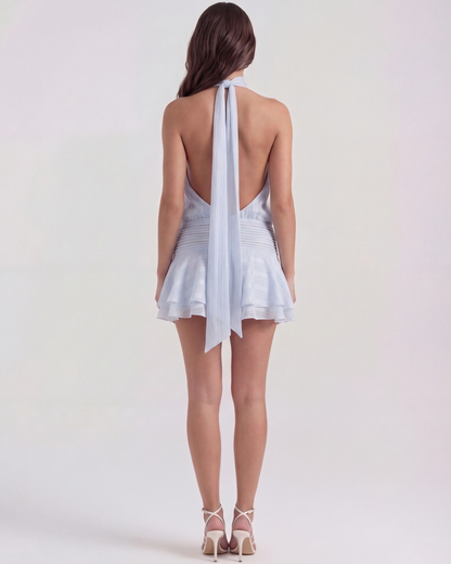 Chiffon Neckholder Mini Kleid in Hellblau