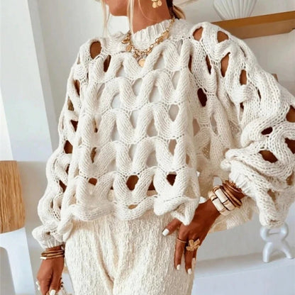 Damen Pullover mit langen Ärmeln und Häkelstrick