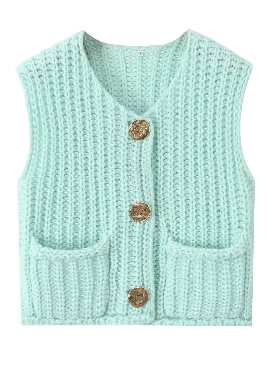 Damen Strickweste Ärmellos Mit Knöpfen Und Taschen