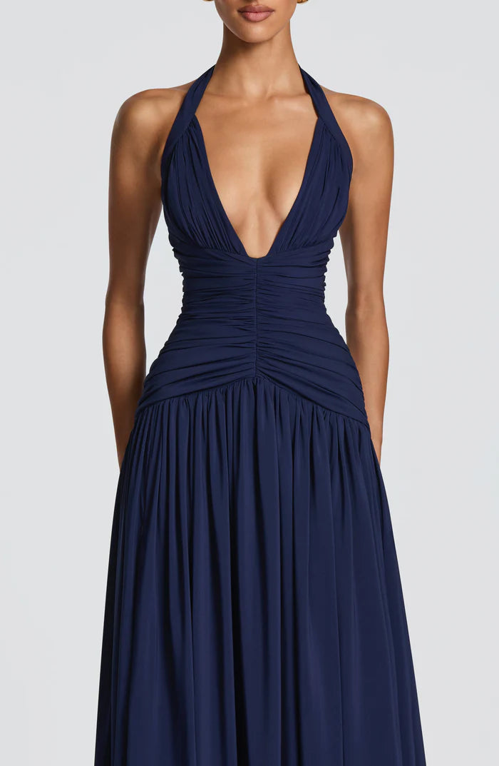 Fließendes Ärmelloses Maxikleid Marineblau Salbei Gelb
