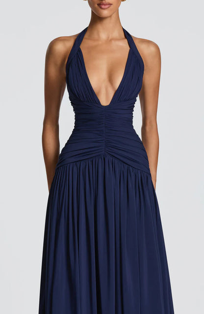 Fließendes Ärmelloses Maxikleid Marineblau Salbei Gelb
