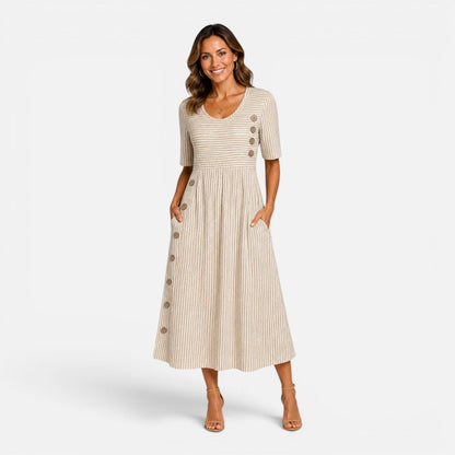 Gestreiftes Midikleid für Damen mit Knopfdetails und Taschen