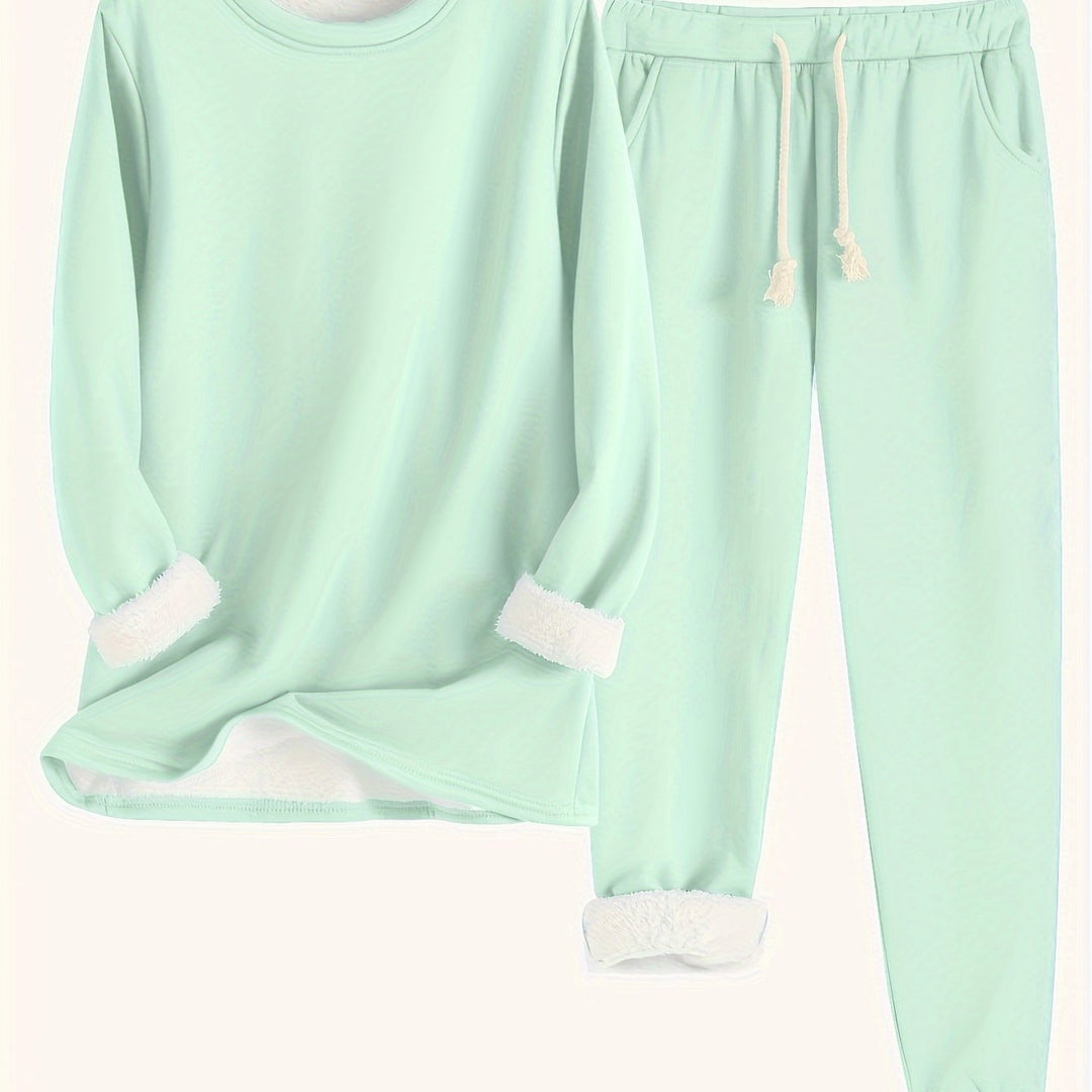 Zweiteiliges Fleece-Set mit Rundhalsausschnitt und Hose für Damen