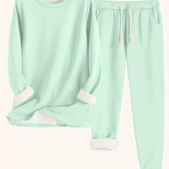 Zweiteiliges Fleece-Set mit Rundhalsausschnitt und Hose für Damen