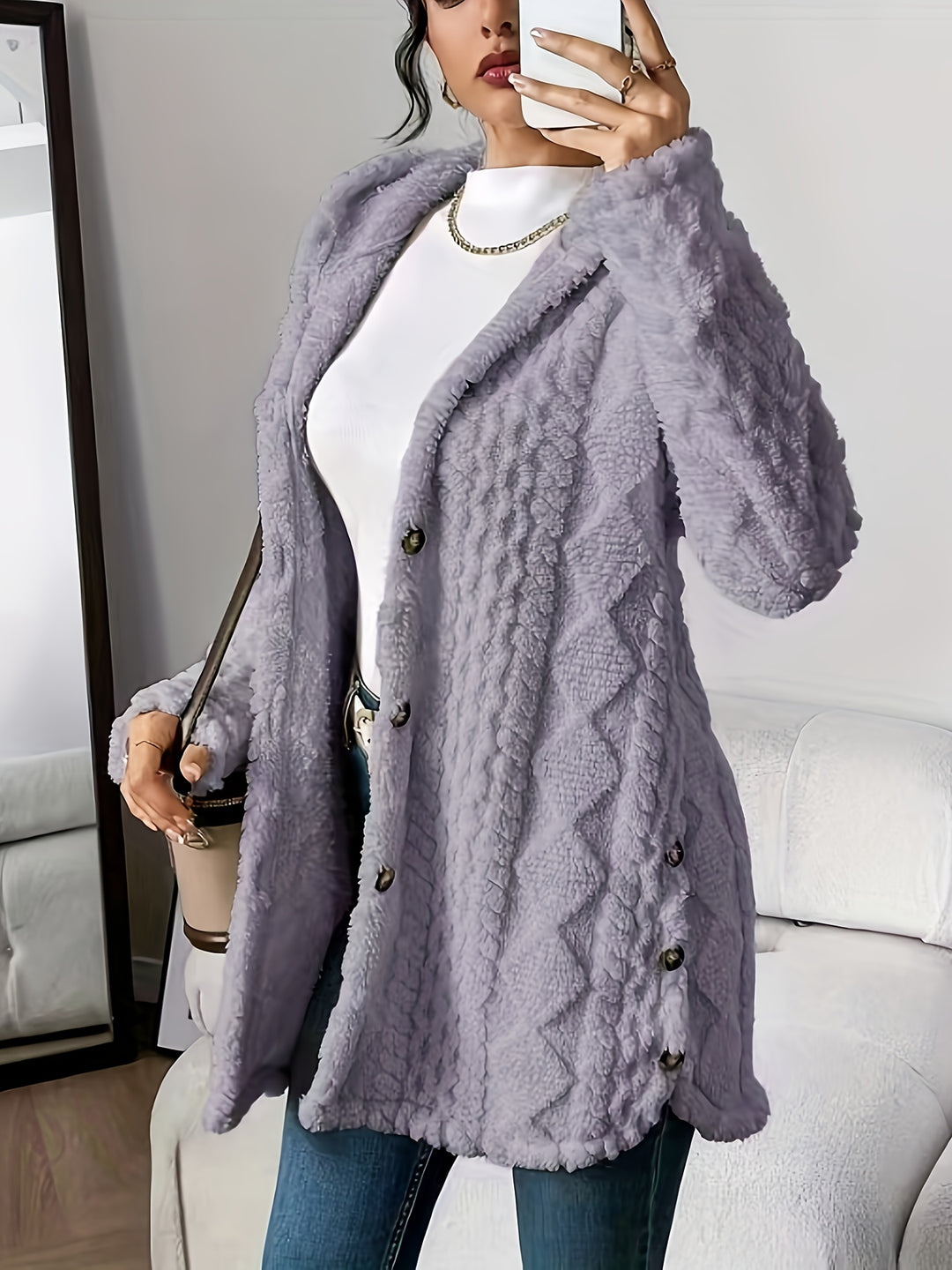Lässiger Teddy-Mantel mit Knöpfen für Damen