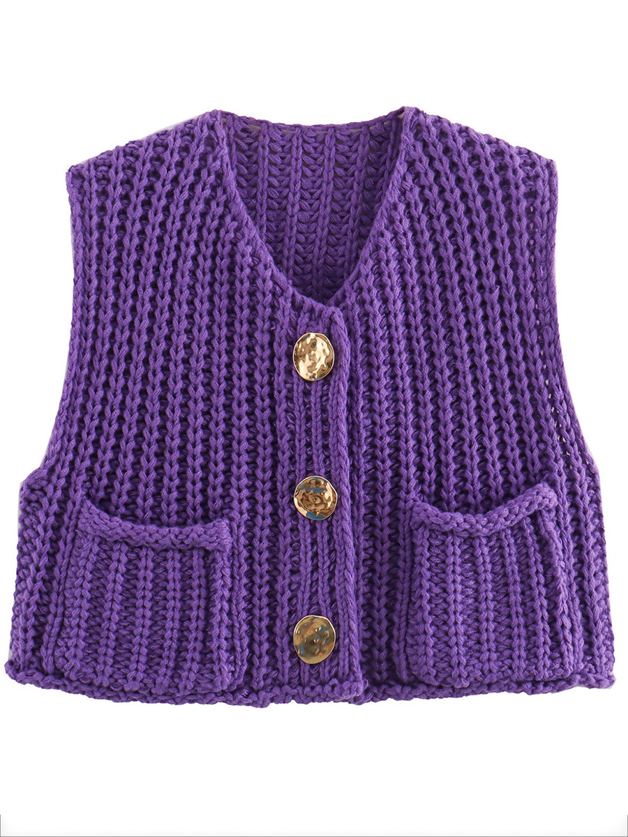 Damen Strickweste Ärmellos Mit Knöpfen Und Taschen