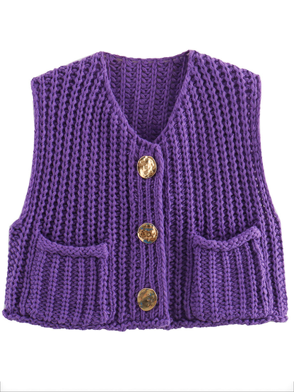 Damen Strickweste Ärmellos Mit Knöpfen Und Taschen