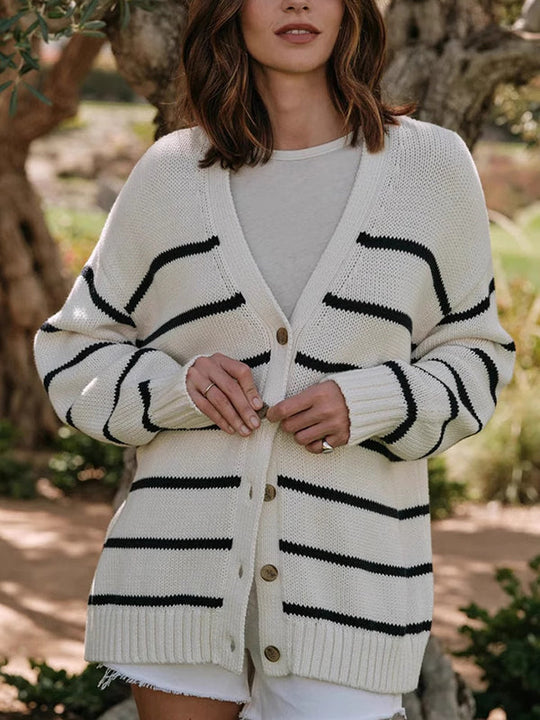Damen Gestreifter Cardigan Mit V-Ausschnitt Und Knopfleiste