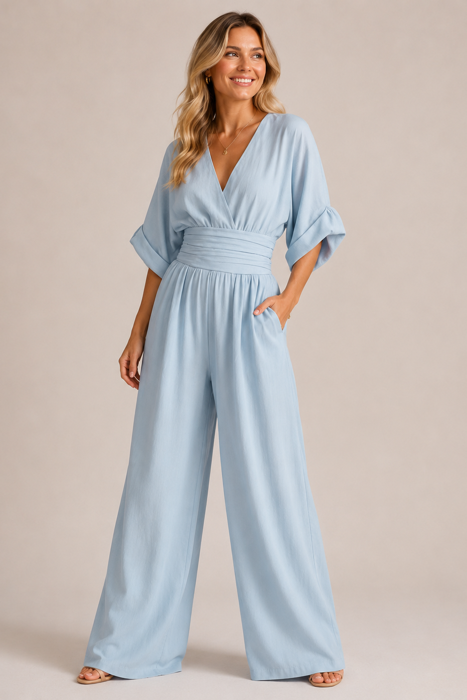 Weitbeiniger Micro-Elastischer Jumpsuit mit Dreiviertelärmeln