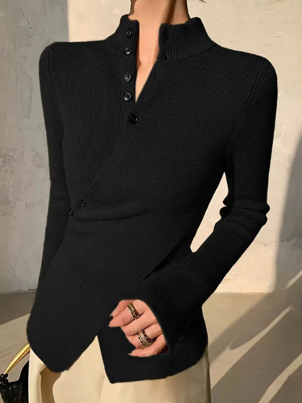 Damen Asymmetrischer Strickpullover Mit V-Ausschnitt Und Knopfleiste