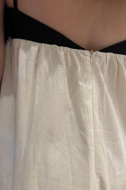Midikleid aus Leinen-Baumwoll-Mischung für Damen, Schwarz und Weiß