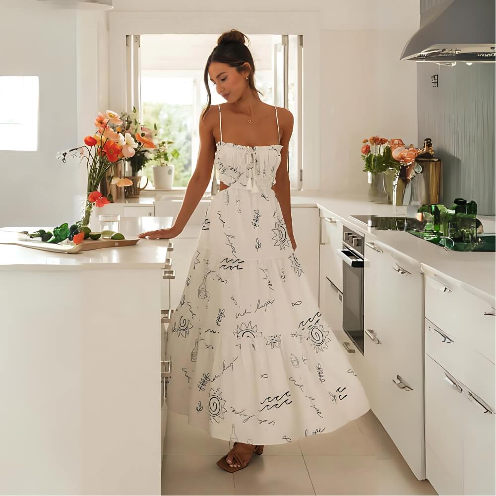 Bedrucktes Midikleid mit Spaghetti-Trägern Weiß