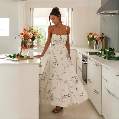 Bedrucktes Midikleid mit Spaghetti-Trägern Weiß