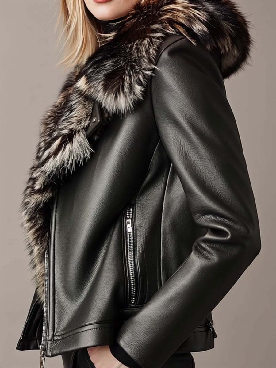Damen Lederjacke Mit Pelzkragen Und Innenfutter