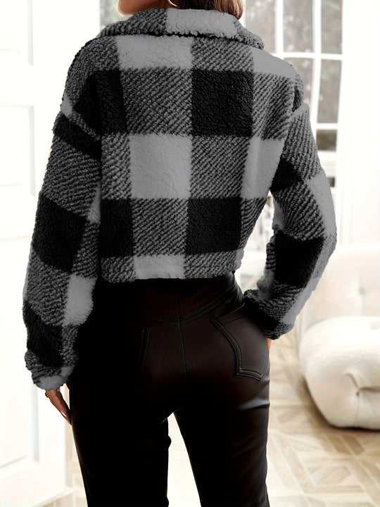 Karierte Teddyjacke mit Reißverschluss für Damen