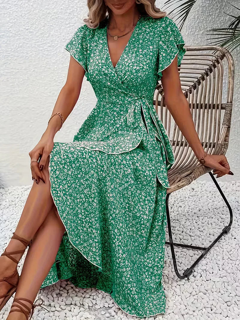 Midi-Wickelkleid mit Blumenmuster und asymmetrischem Saum