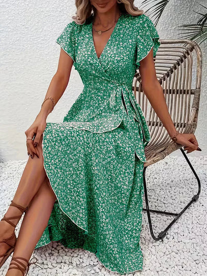 Midi-Wickelkleid mit Blumenmuster und asymmetrischem Saum