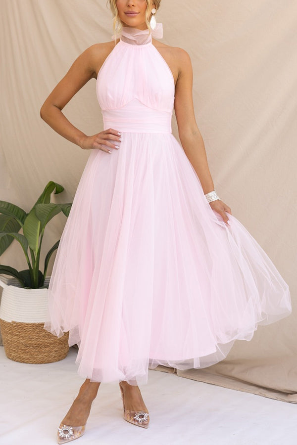 Maxikleid mit gerafftem Tüll-Halfterdetail