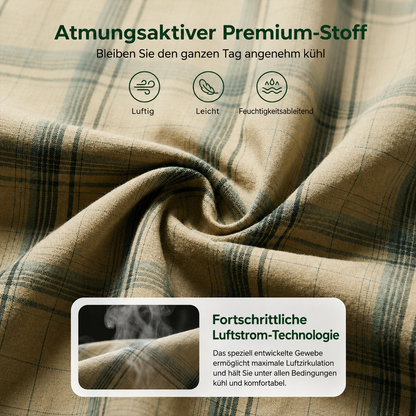 Nahaufnahme des karierten Herrenhemds mit Brusttaschen und Stoffstruktur
