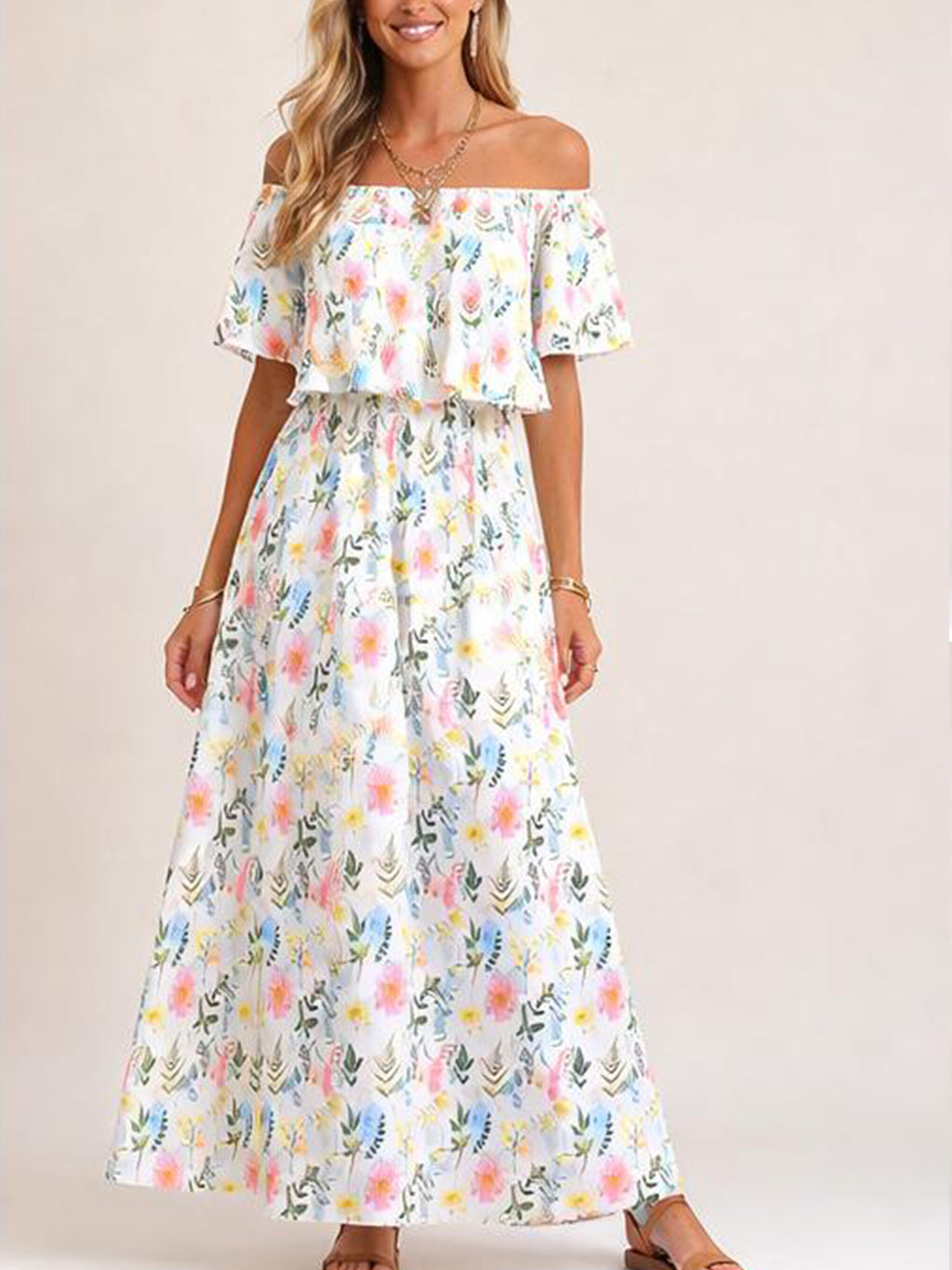 Damen Blumenmuster Schulterfreies Sommer Maxikleid