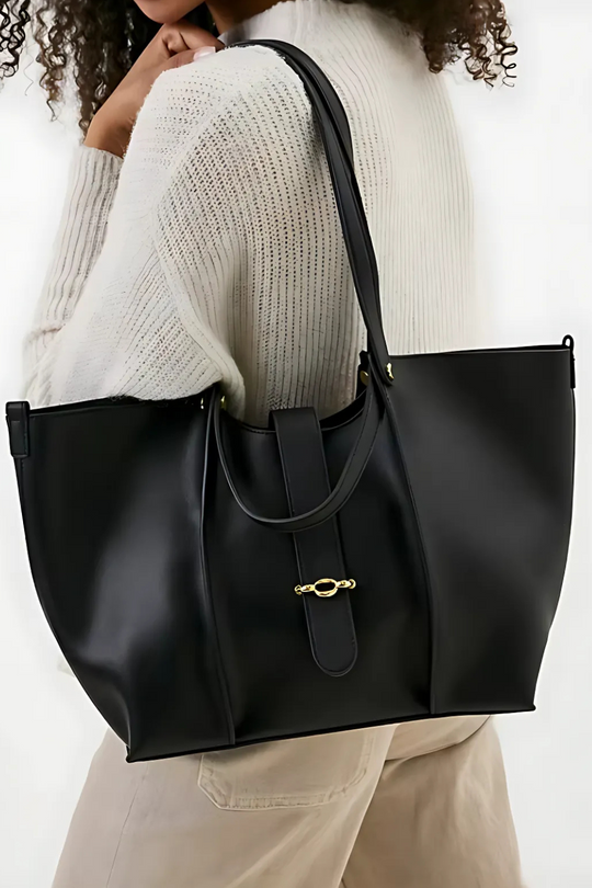 Vera Noir | Große Business-Tasche aus veganem Ultrafiber mit Laptopfach und goldenen Details für Damen