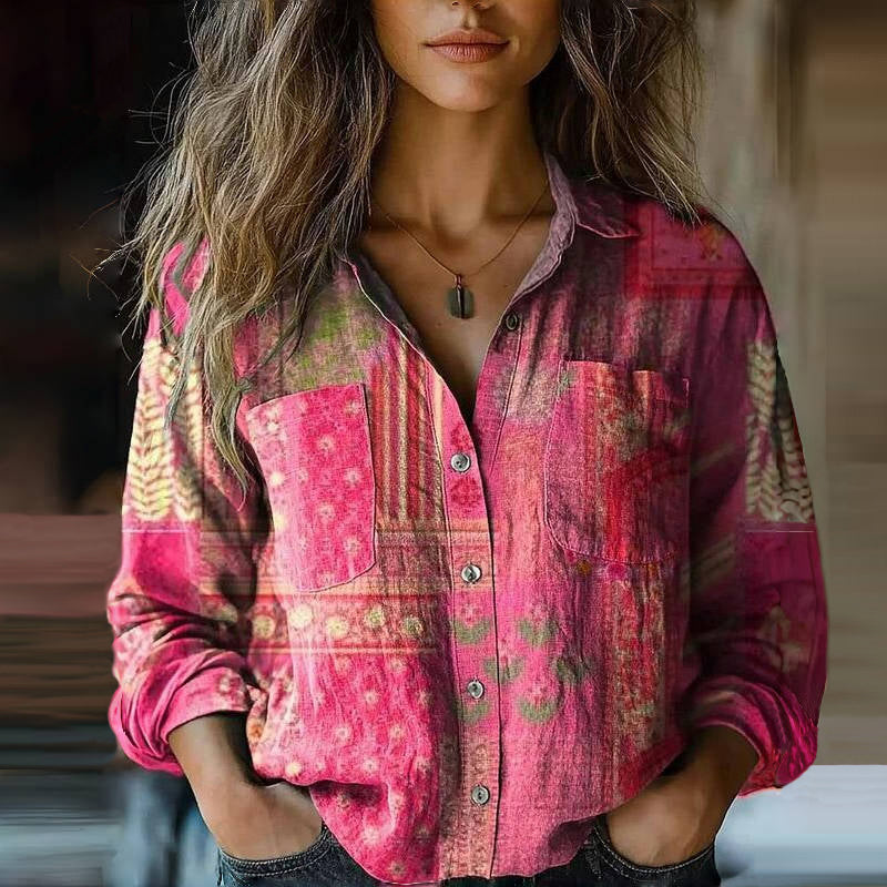 Bluse im Boho-Stil mit Vintage-Print, lockere Passform
