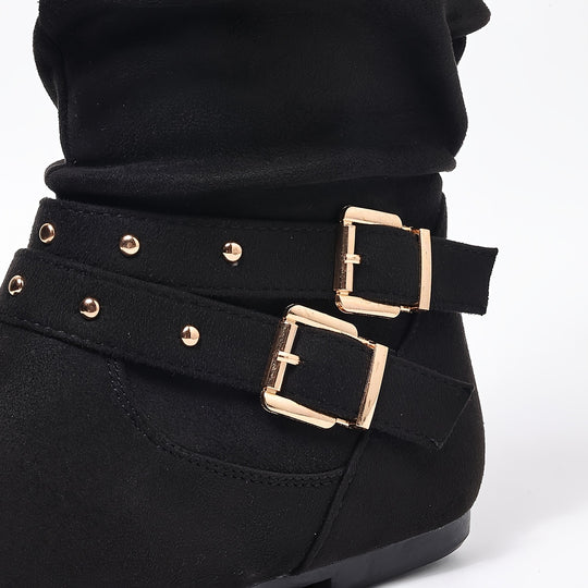 Kniehohe Stiefel mit Zierschnallen und flacher Sohle für Damen