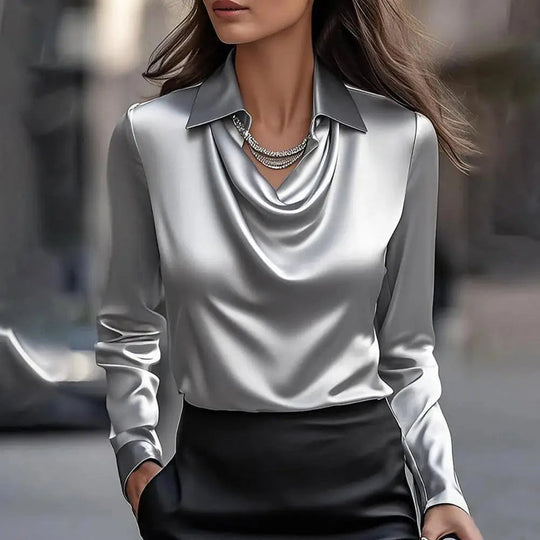Damen Satinbluse Mit Wasserfallausschnitt Und Klassischem Kragen