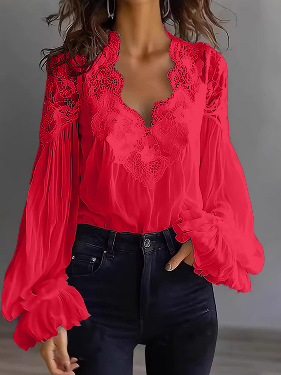 Damenbluse mit Spitzen-Patchwork und Puffärmeln