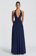 Fließendes Ärmelloses Maxikleid Marineblau Salbei Gelb