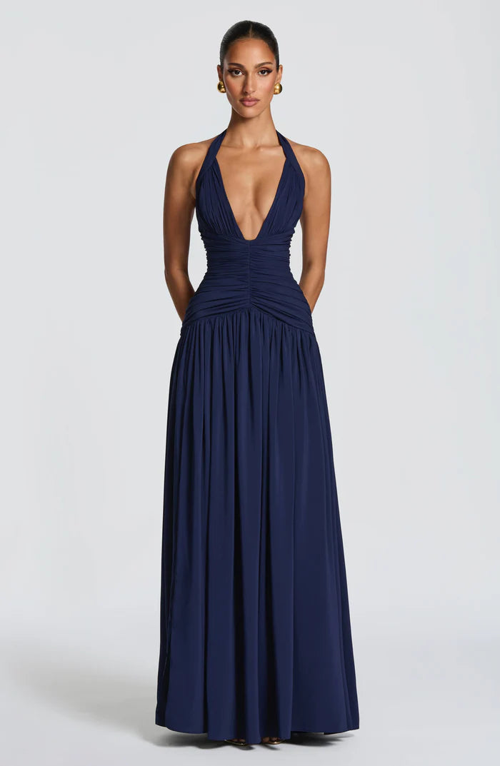 Fließendes Ärmelloses Maxikleid Marineblau Salbei Gelb